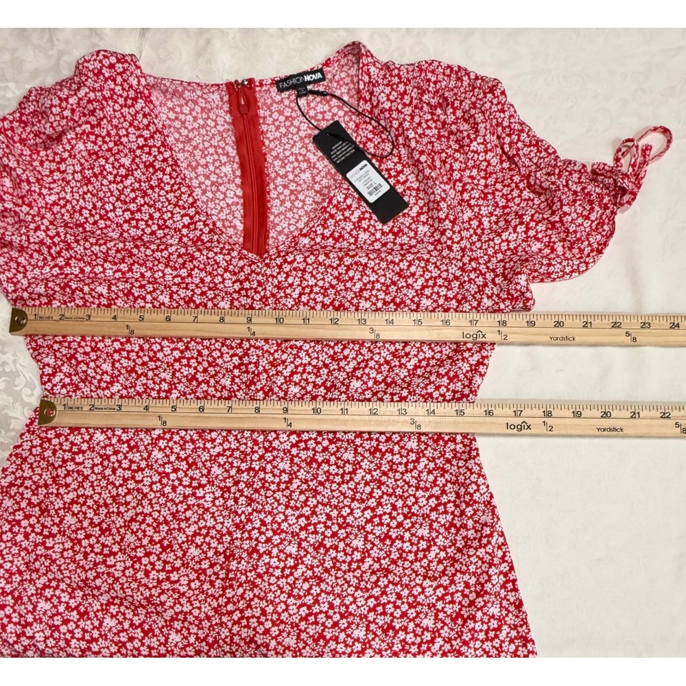 Fashion Nova Clarissa Floral Midi Dress Womens L Red White Ruched Mermaid Summer - Picture 12 of 13